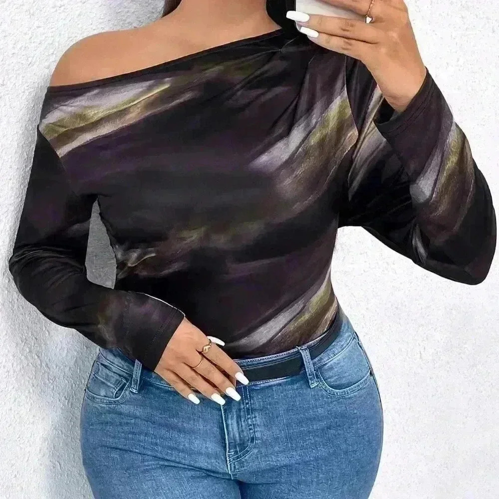 multicolor Casual Women's Plus Size Tie Dye Asymmetrical neck Shirt - Picture 5 of 6